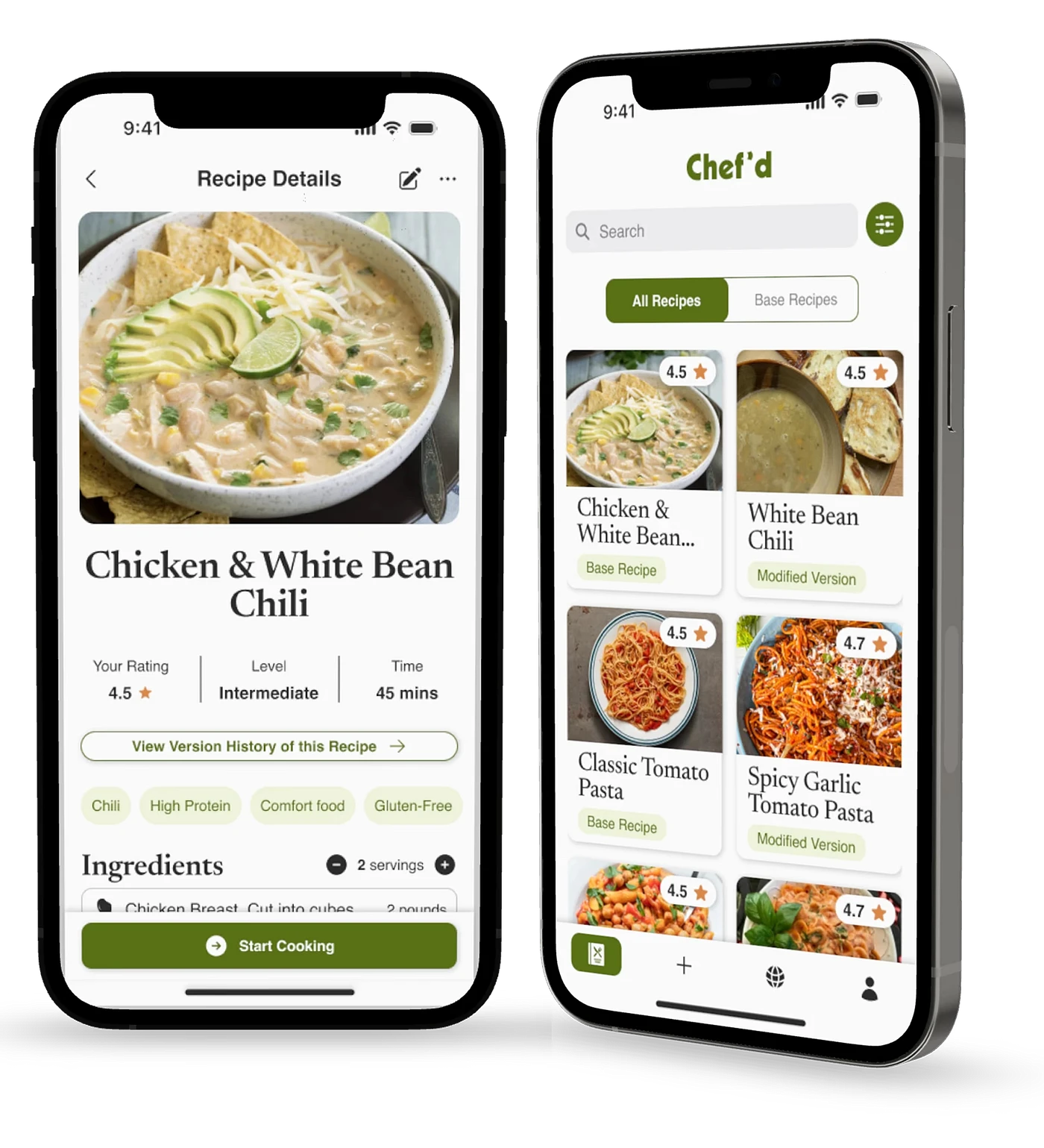 Chef’d recipe detail screen and home screen showing base recipes and modified versions side by side.