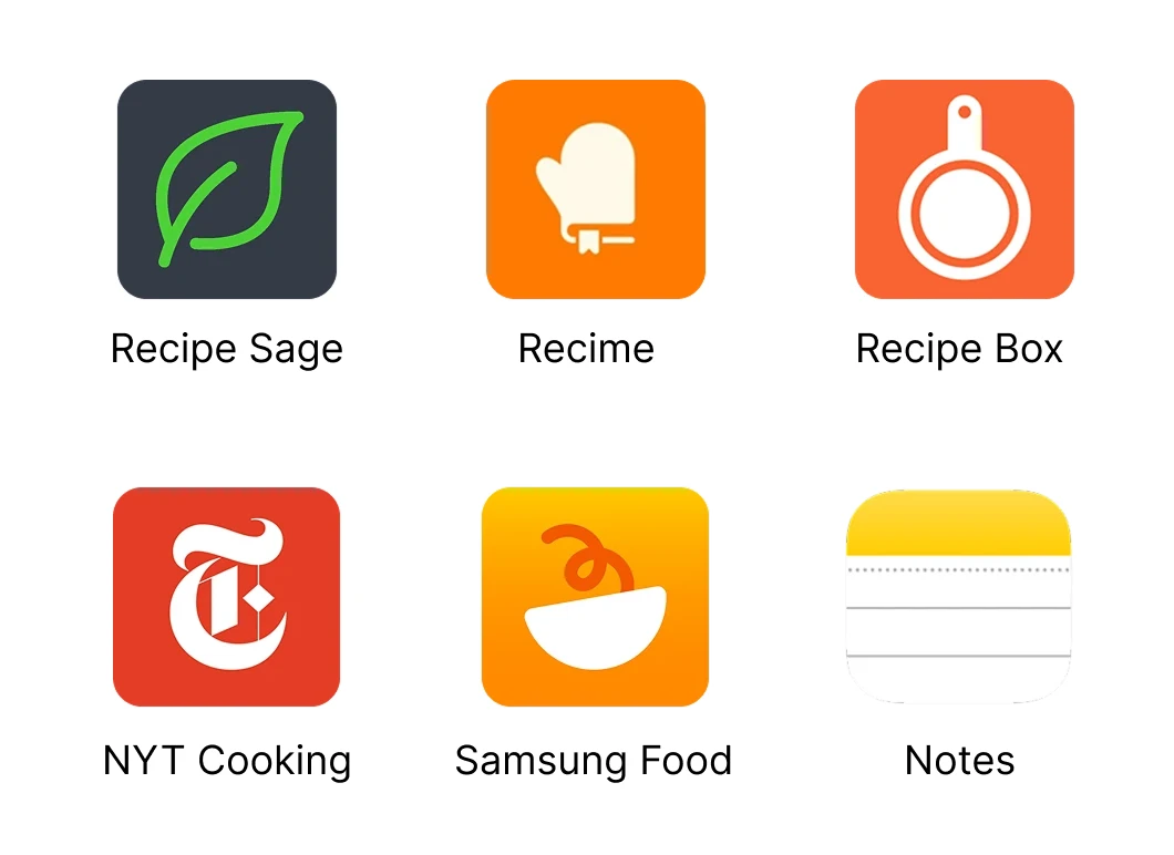 Six competing recipe apps reviewed during competitive analysis: Recipe Sage, Recime, Recipe Box, NYT Cooking, Samsung Food, and Notes.