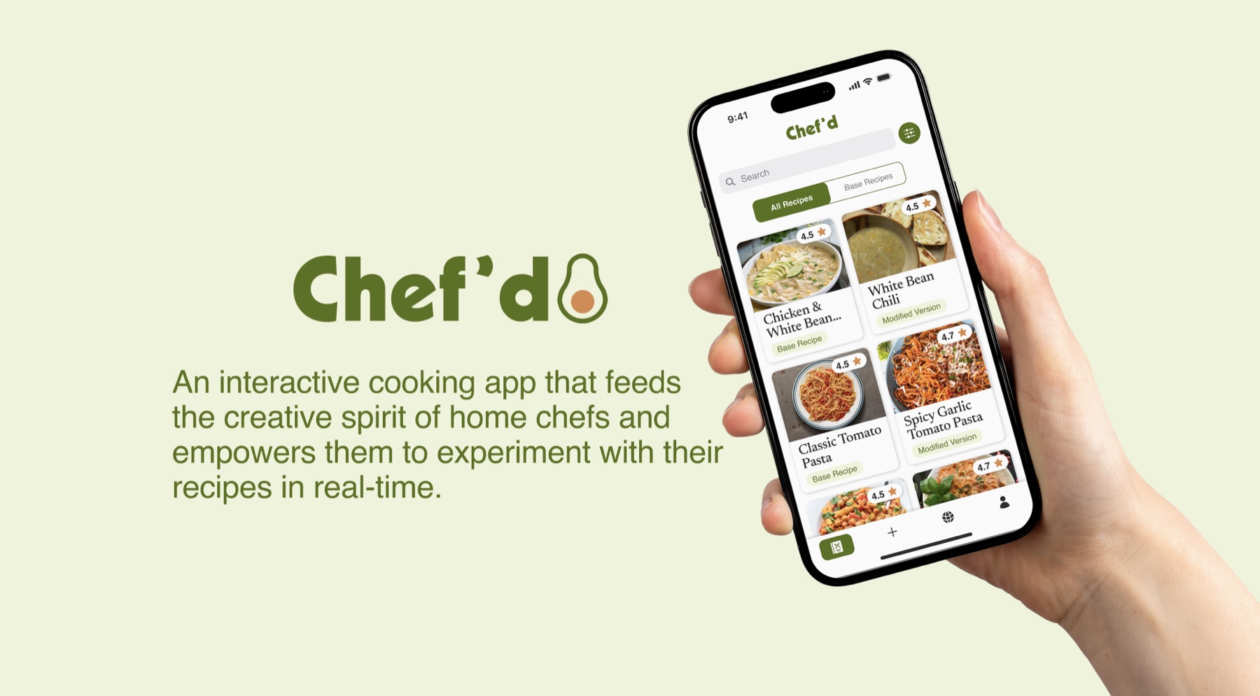 Chef’d logo and tagline beside a hand holding a phone showing the Chef’d recipe list.