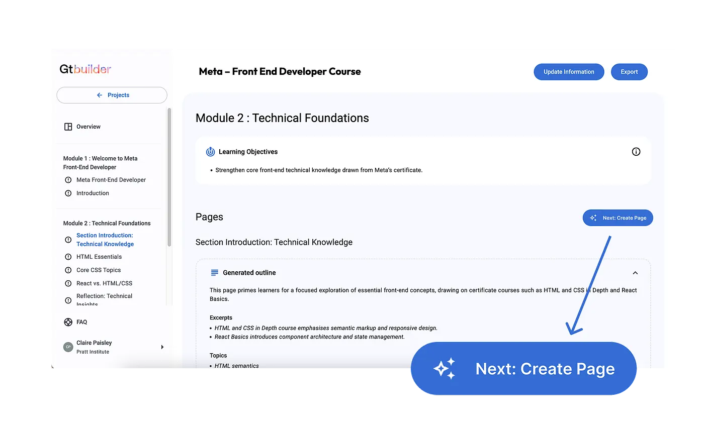 Proposed redesign featuring a Next: Create Page button