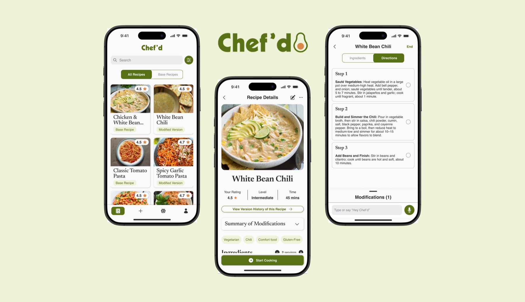 Chef'd recipe app screens