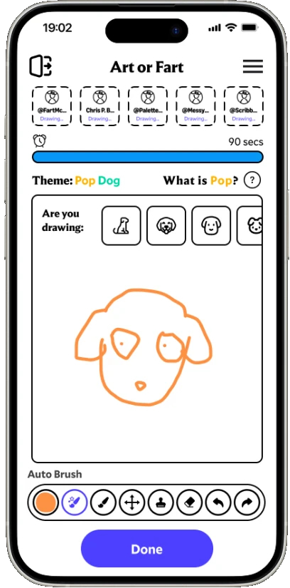 Drawing canvas for the theme Pop Dog, with a 90-second timer and Auto Brush tools.
