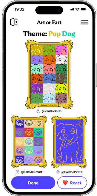 Results for Pop Dog, showing the top three drawings in gold frames.