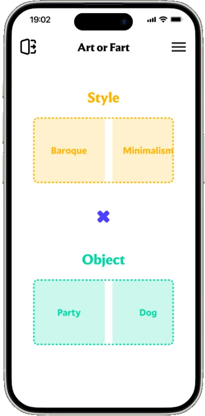 Theme picker pairing a style (Baroque, Minimalism) with an object (Party, Dog).