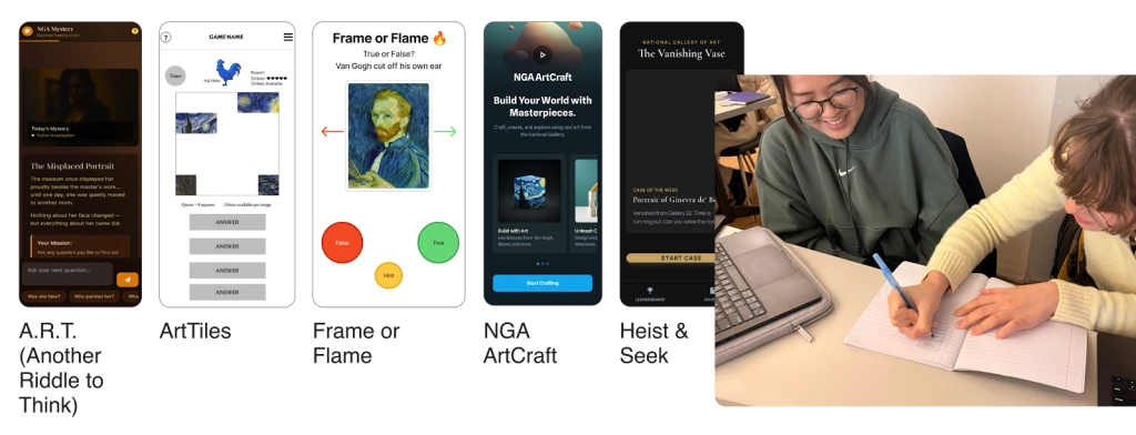 The five early concepts: A.R.T., ArtTiles, Frame or Flame, NGA ArtCraft, and Heist and Seek.