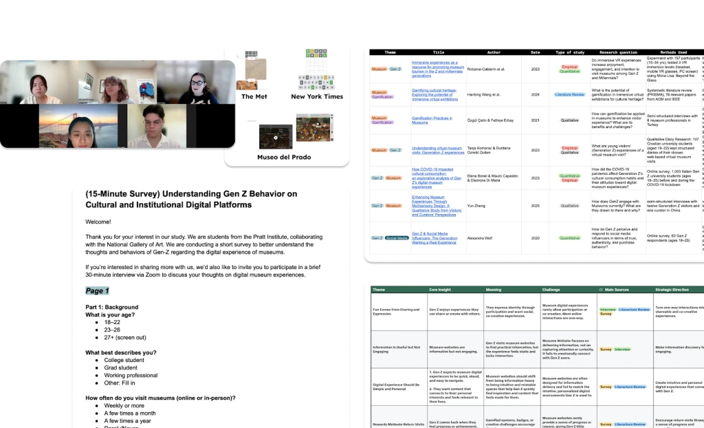 Collage of research artifacts: interview notes, survey results, and competitor screenshots.