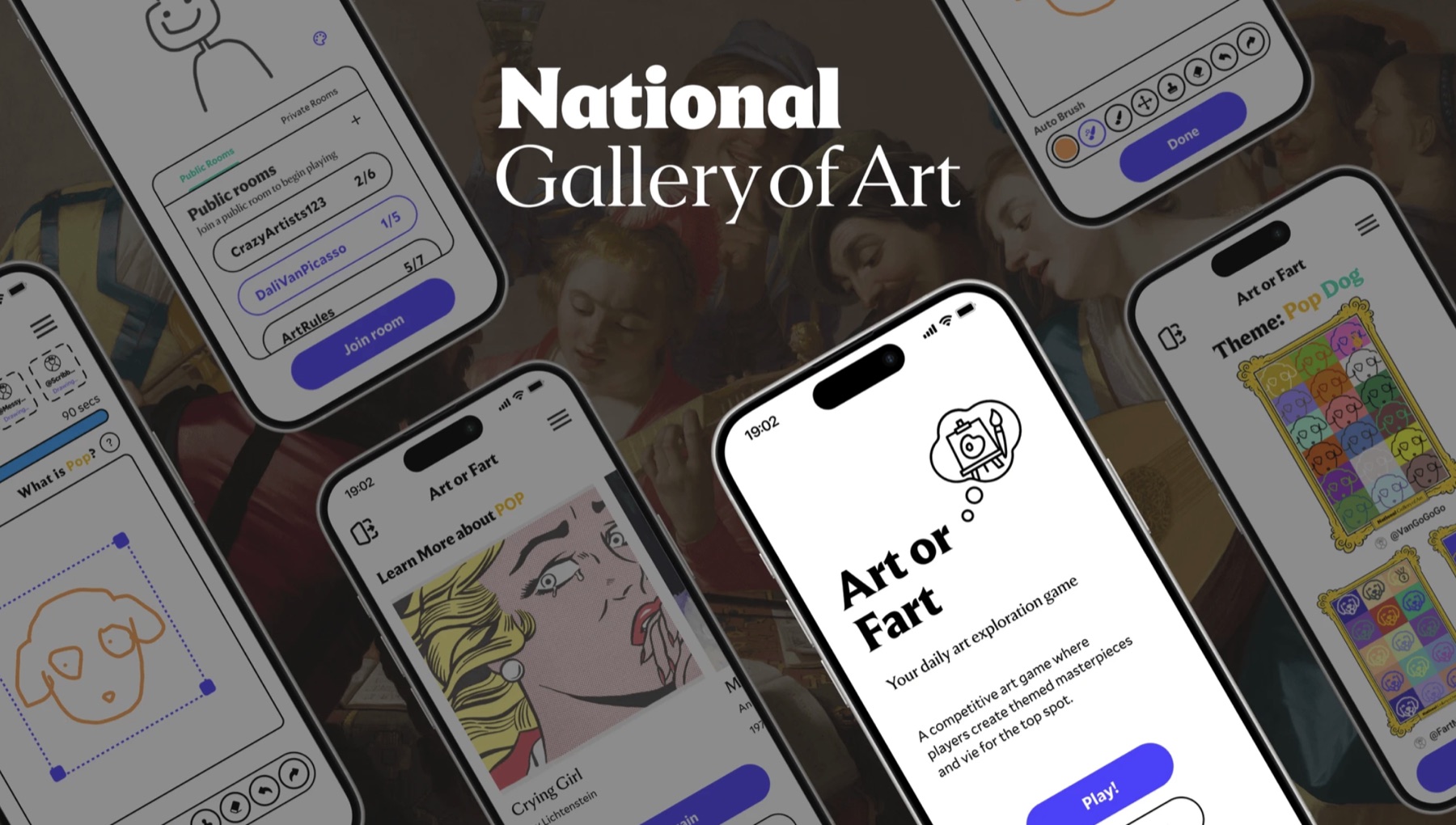 Art or Fart app screens shown over a National Gallery of Art painting, including the game's landing screen, theme reveal, and drawing tools