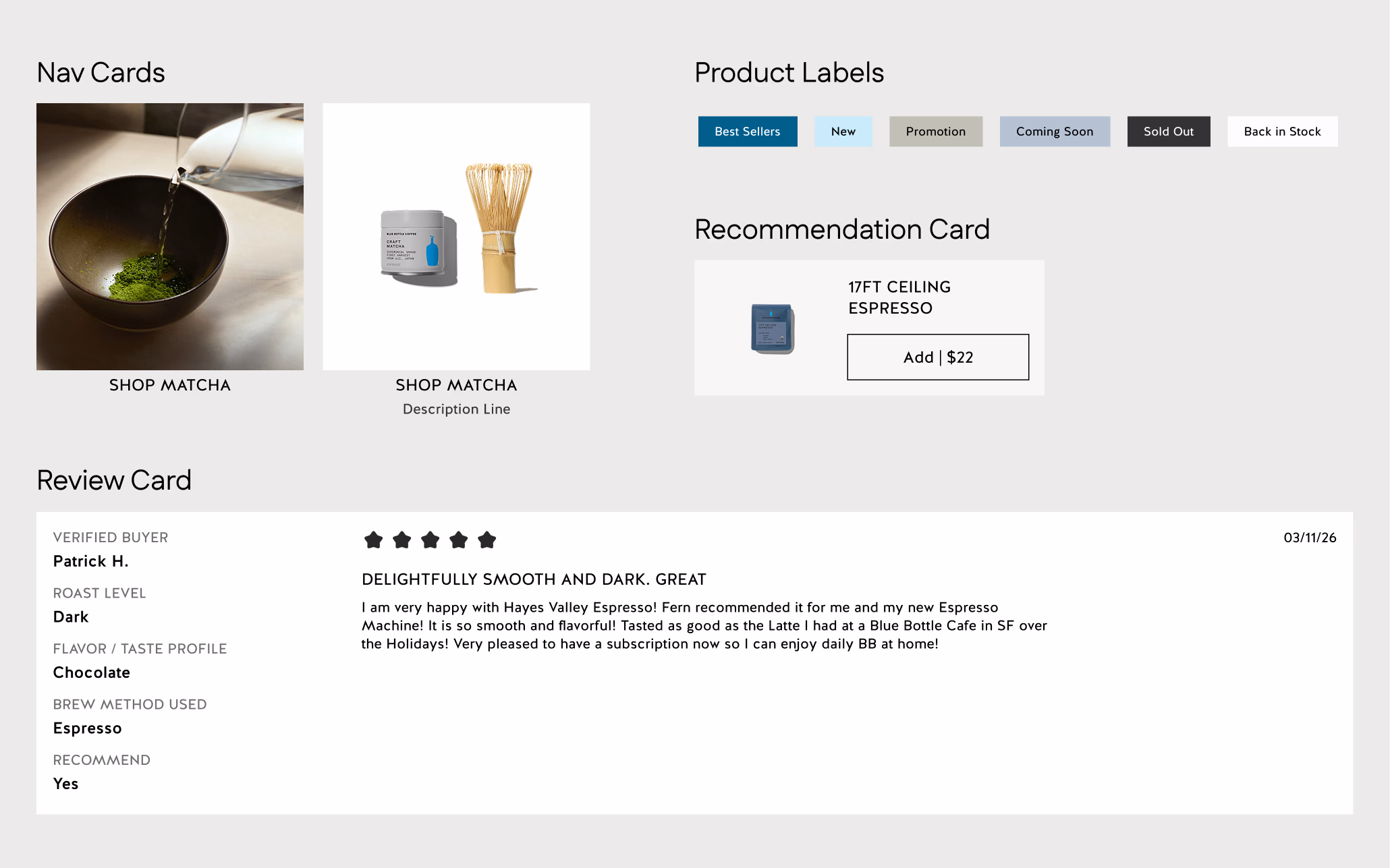 After: standardized nav cards, product labels, and review cards following Pour Over.