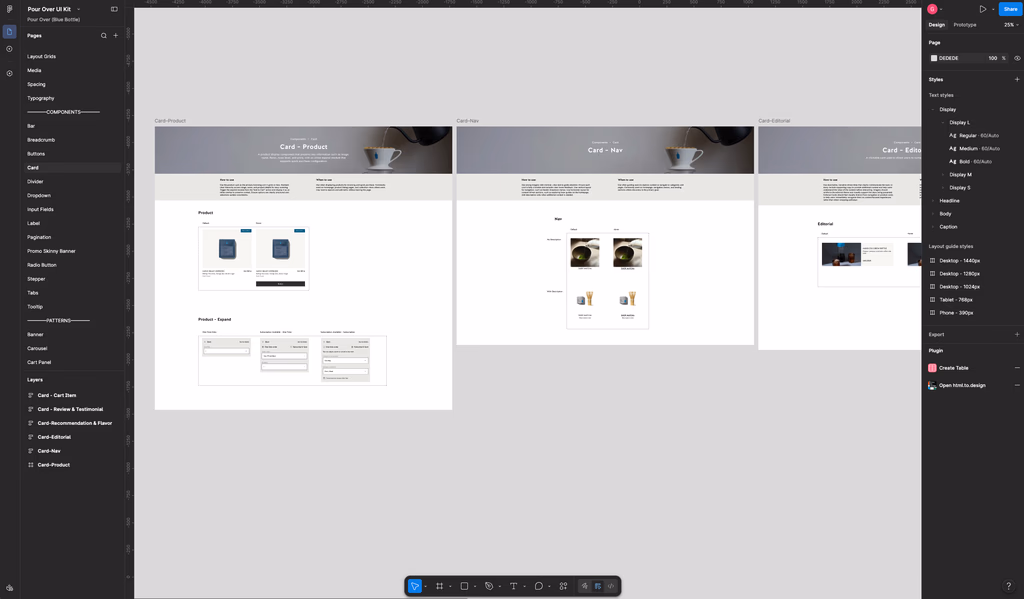 Card, navigation, and editorial components in the Pour Over Figma UI Kit.