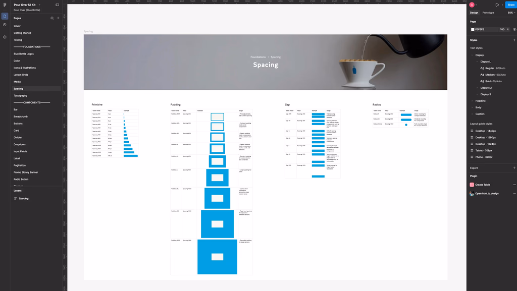 Spacing tokens documented in Figma, including primitive values, padding, gap, and radius.