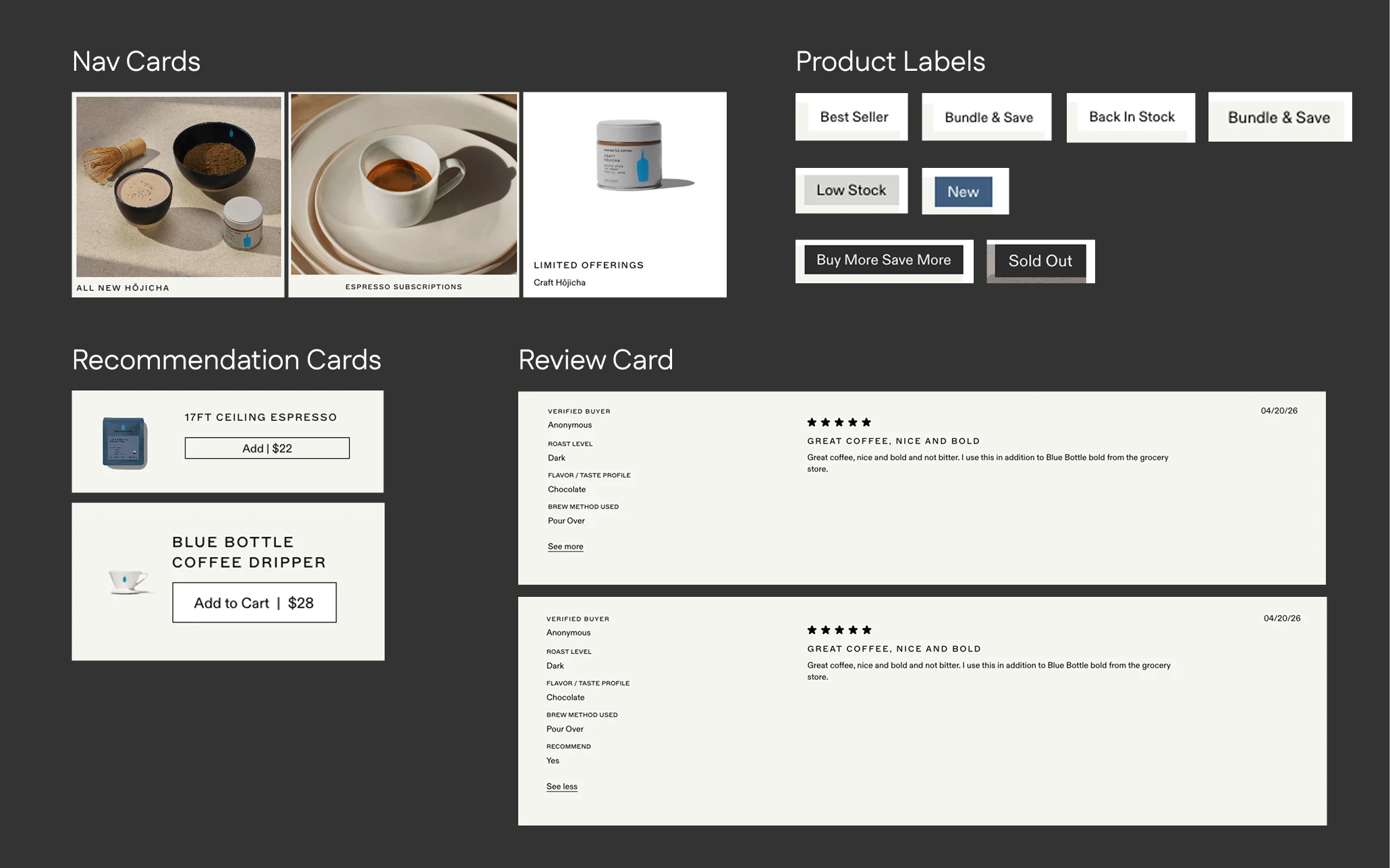 Before: inconsistent nav cards, product labels, and review cards with mismatched styles